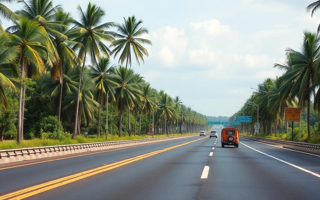 Colombo road through Western Province near Gampaha Sri Lanka with palm trees and travelers