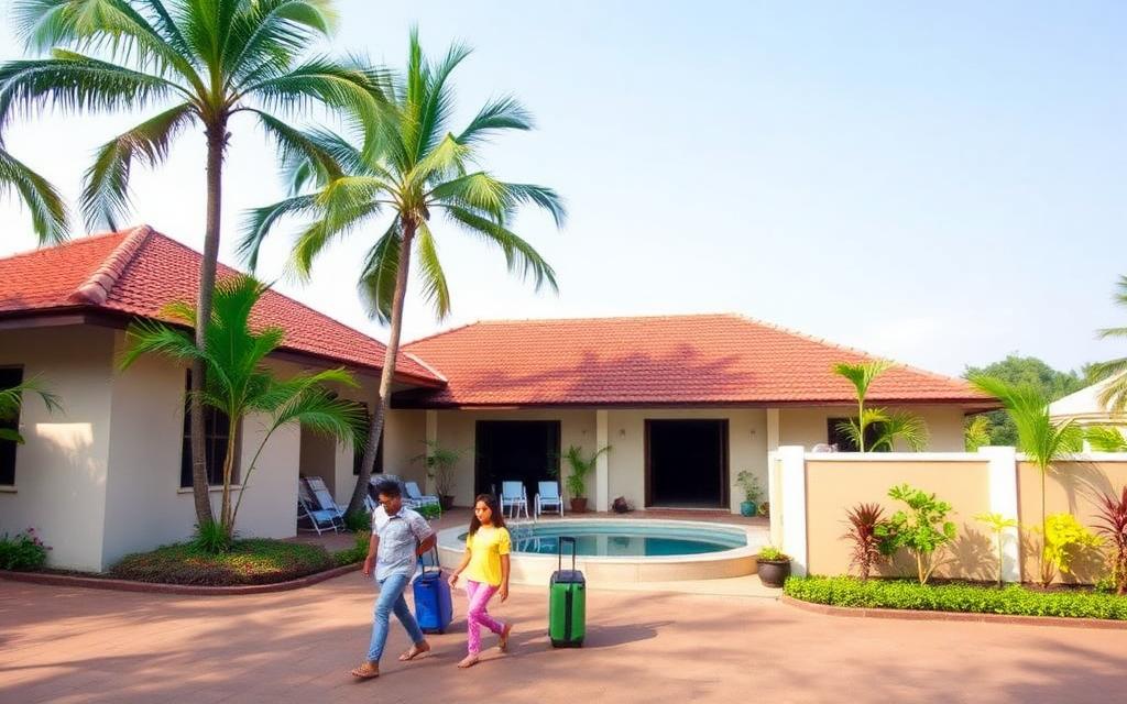 Family-friendly mid-range hotel in Gampaha Sri Lanka with small pool, palm trees and family arriving with luggage
