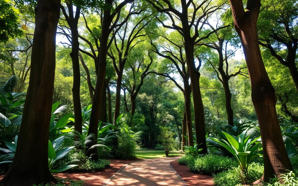Henarathgoda Botanical Garden Gampaha with tall tropical trees, pathway and lush greenery