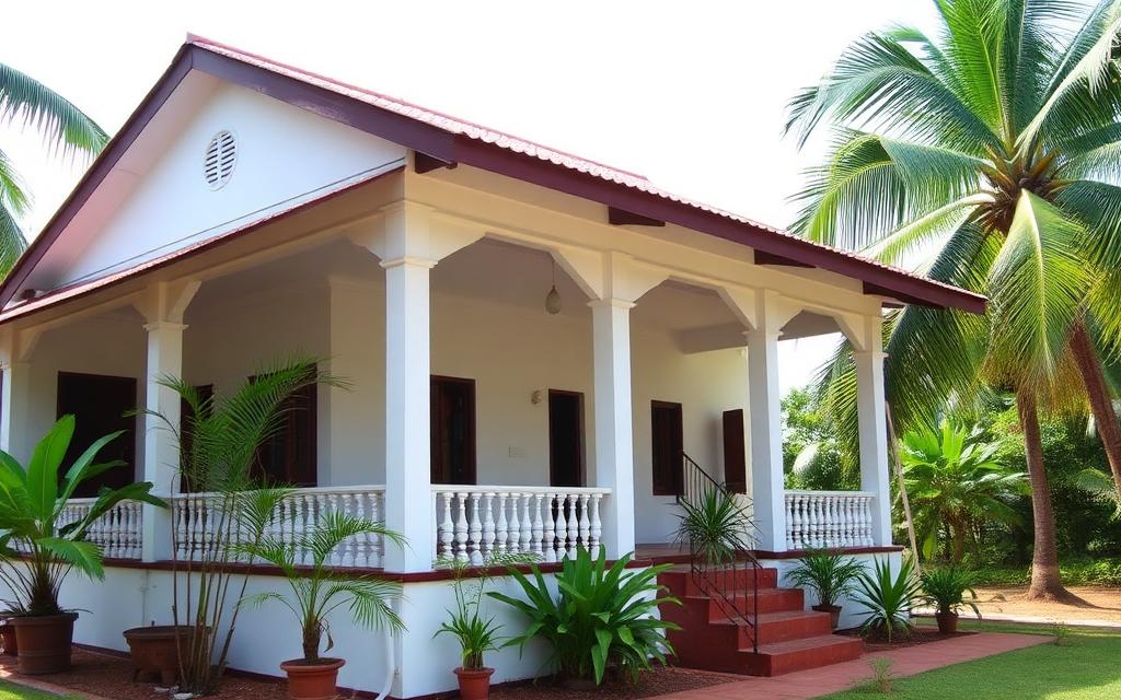 Simple family-run guesthouse in Gampaha Sri Lanka with white facade, veranda and tropical garden