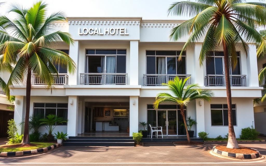 Mid-range hotel reference in Gampaha Sri Lanka with white facade, signage and palm trees