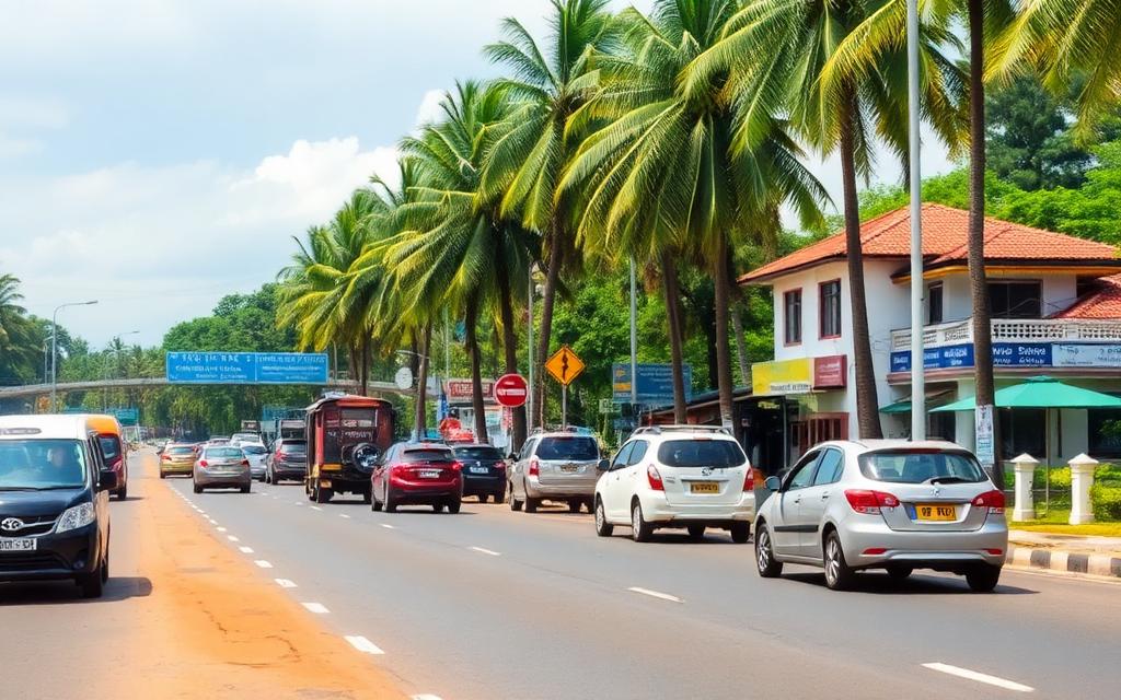 Kadawatha junction Sri Lanka with traffic, palm trees and roadside hotels
