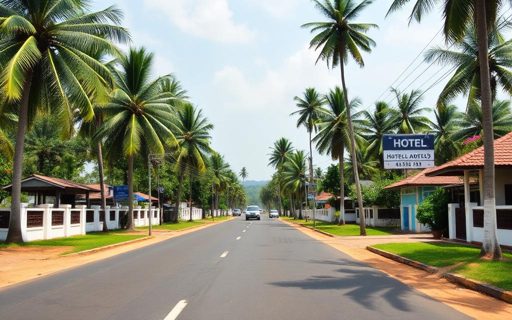 Quiet suburban road in Miriswatta Gampaha Sri Lanka with palm trees, small houses and local hotel signage