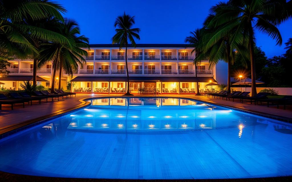 Resort with pool reference in Gampaha Sri Lanka with palm trees and warm evening lights