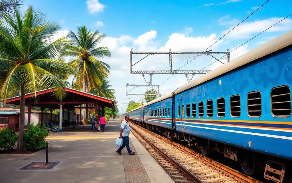 Gampaha railway station Sri Lanka with platform, train and passengers carrying luggage