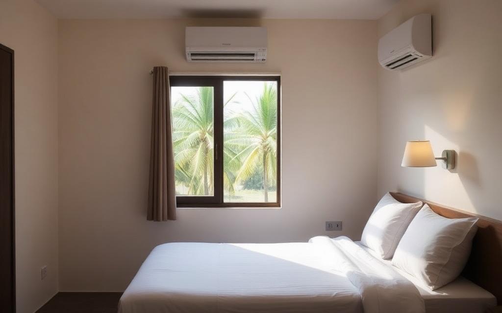 Simple room reference in Gampaha Sri Lanka with AC unit, bed and window opening to palm trees