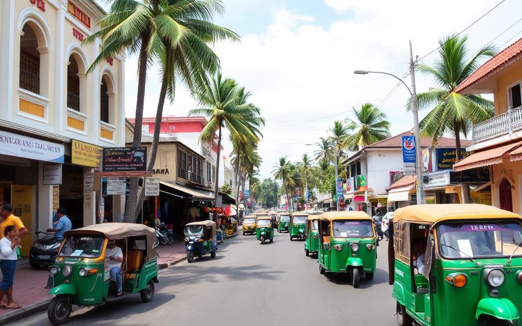 Gampaha town centre main street in Sri Lanka with shops, tuk-tuks and palm trees during the day
