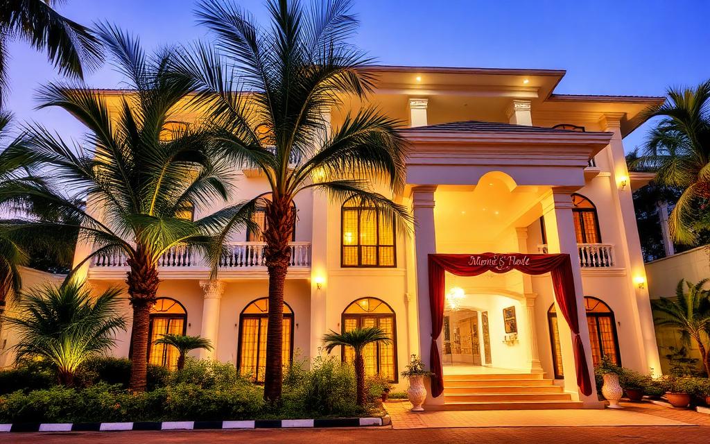 Elegant wedding hall and banquet hotel in Gampaha Sri Lanka at evening with warm lights and palm trees