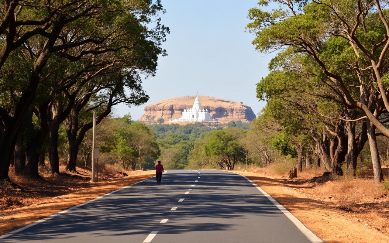 Quiet country road from Habarana toward Dambulla Sri Lanka through dry-zone forest with the white Dambulla Cave Temple complex on a rocky hill in the distance