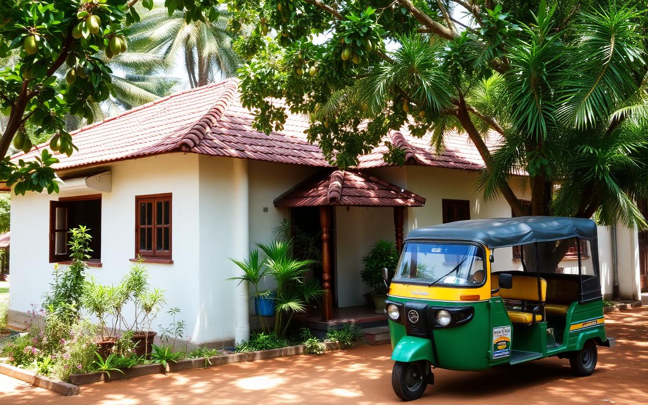 Budget guesthouse in Habarana town Sri Lanka with whitewashed walls, terracotta tiled roof, leafy garden with mango and palm trees and parked tuk-tuk