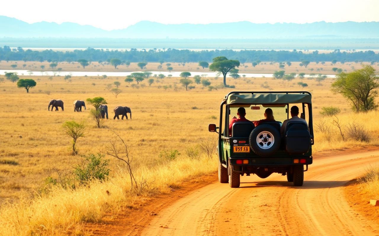 Kaudulla National Park Sri Lanka near Habarana with open green safari jeep on dirt track through dry-zone grassland and elephants near distant reservoir in soft early morning light