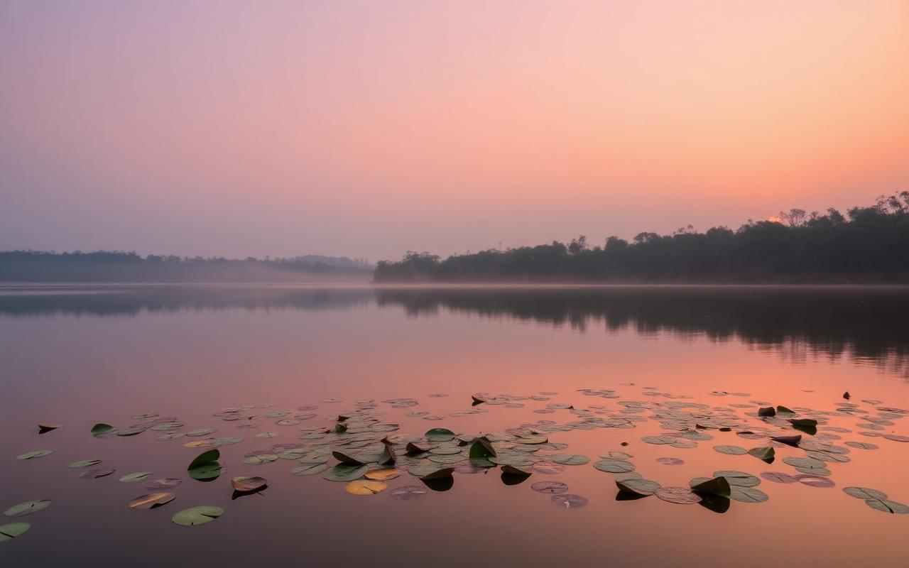 Cultural Triangle road-trip base near Habarana Sri Lanka with calm reservoir at sunrise, lotus leaves on the water and dry forest treeline reflected in soft pink light