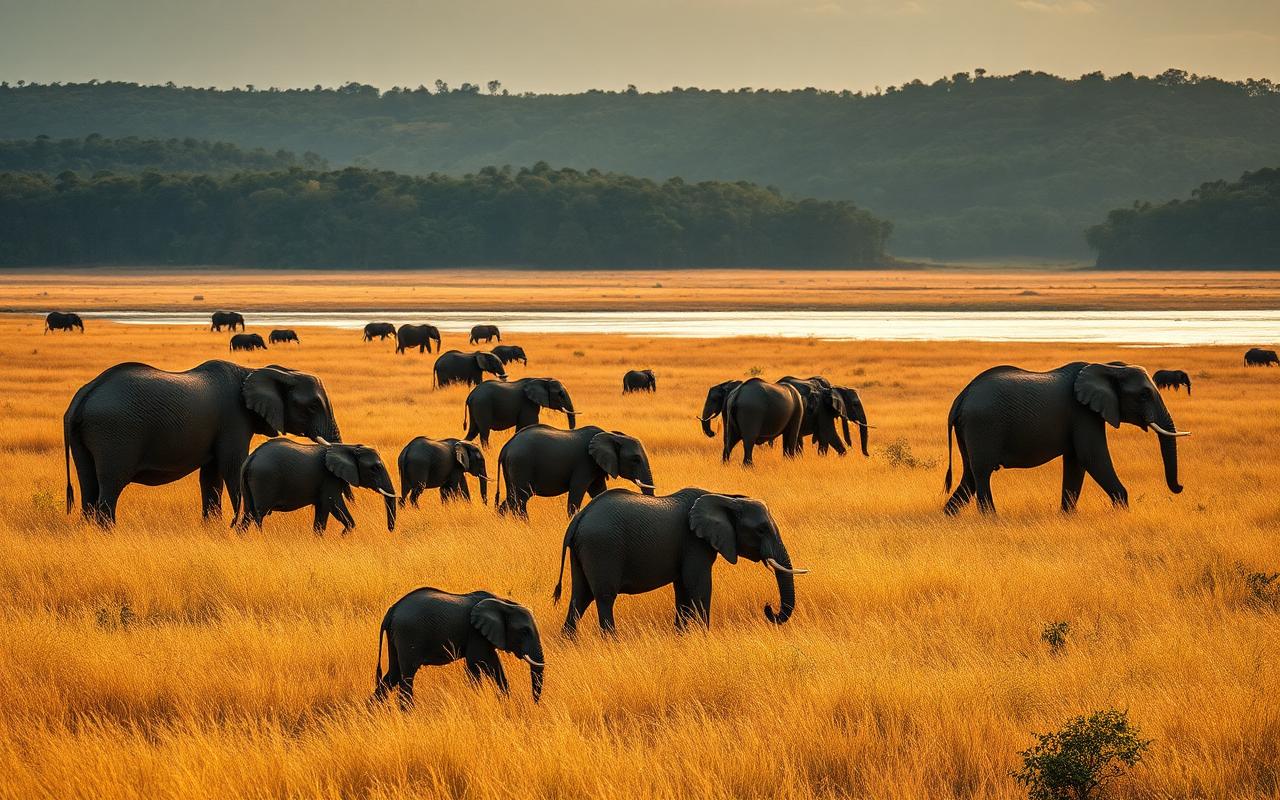 Minneriya National Park Sri Lanka near Habarana with wild Sri Lankan elephants grazing in golden grassland near a large reservoir at warm late afternoon safari light