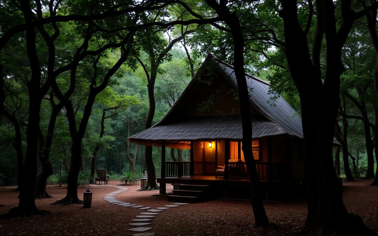 Habarana nature hotel Sri Lanka outside town with small thatched-roof villa tucked into dry-zone forest, dappled light and lantern-lit stone path in peaceful Cultural Triangle atmosphere