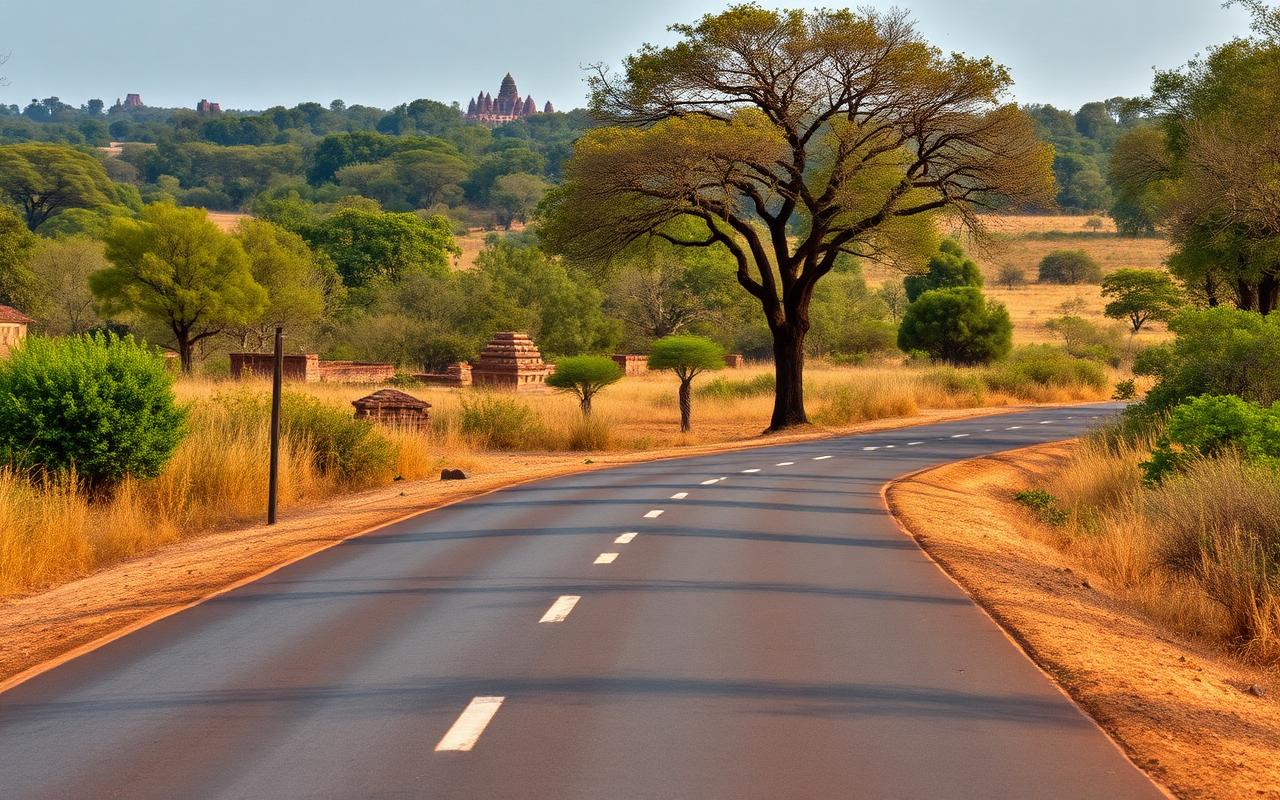 Quiet rural road toward Polonnaruwa from Habarana Sri Lanka through dry-zone savanna with scattered ancient brick stupa ruins among trees in warm afternoon light