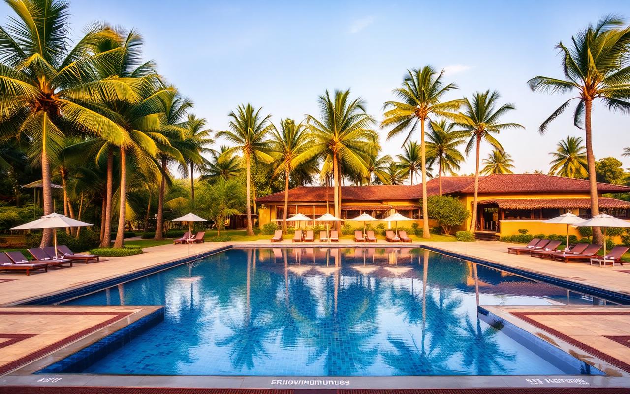 Resort-style stay with pool in Habarana Sri Lanka with large rectangular outdoor pool surrounded by tall coconut palms and dry-zone trees with sun loungers
