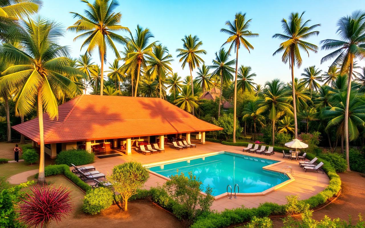 Habarana resort area Sri Lanka with low-rise nature resort, terracotta roof, large turquoise pool, sun loungers and tall coconut palms in dry-zone garden