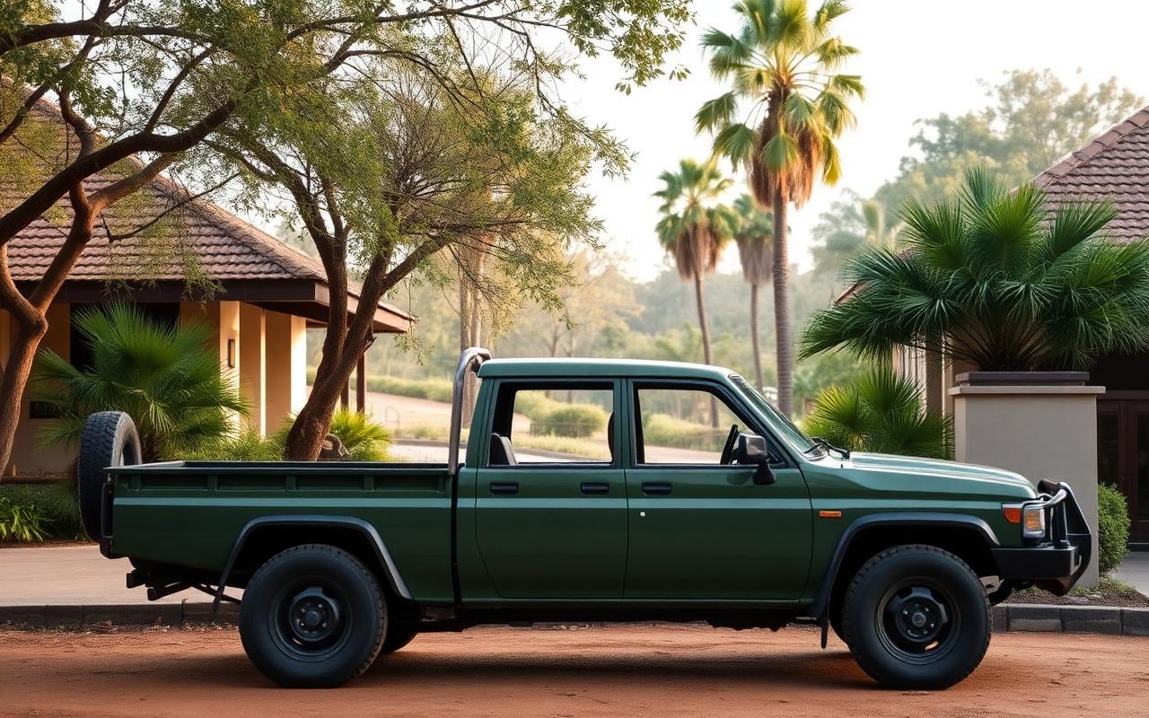 Open green safari jeep parked outside a low-rise nature resort entrance in Habarana Sri Lanka with dry-zone garden and palm trees in soft early morning light