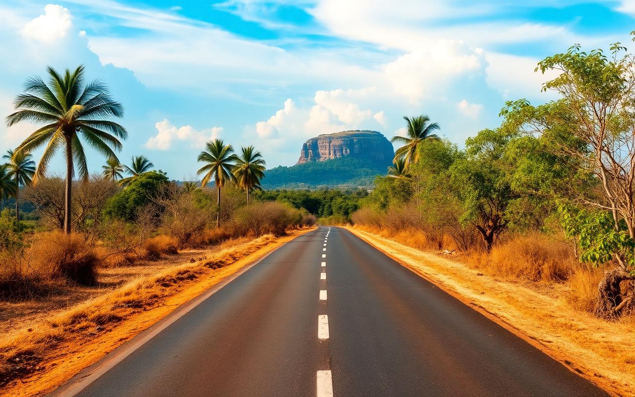 Quiet rural road from Habarana to Sigiriya Sri Lanka lined with palm trees and dry forest, with Sigiriya Lion Rock visible in the distance under blue sky