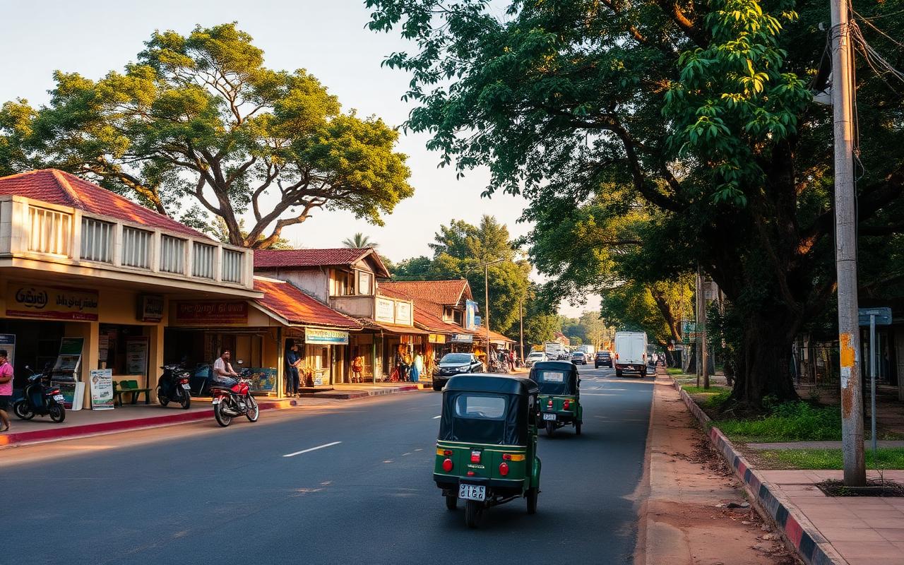 Habarana town main road Sri Lanka with low-rise local shops, parked tuk-tuks, leafy roadside trees and quiet small-town Cultural Triangle atmosphere