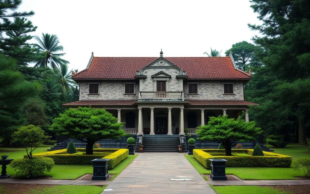 Adisham Bungalow heritage building near Haputale Sri Lanka with stone facade gardens and pine trees on a cool day