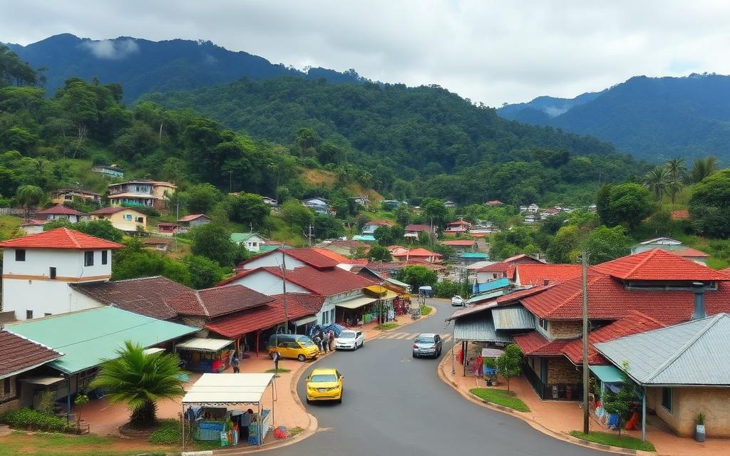 Bandarawela small hill town near Haputale Sri Lanka with shops and surrounding green mountains under cool overcast light