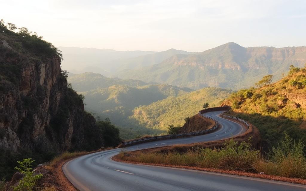 Beragala mountain pass road near Haputale Sri Lanka with dramatic cliff views and hill country vista in soft afternoon light