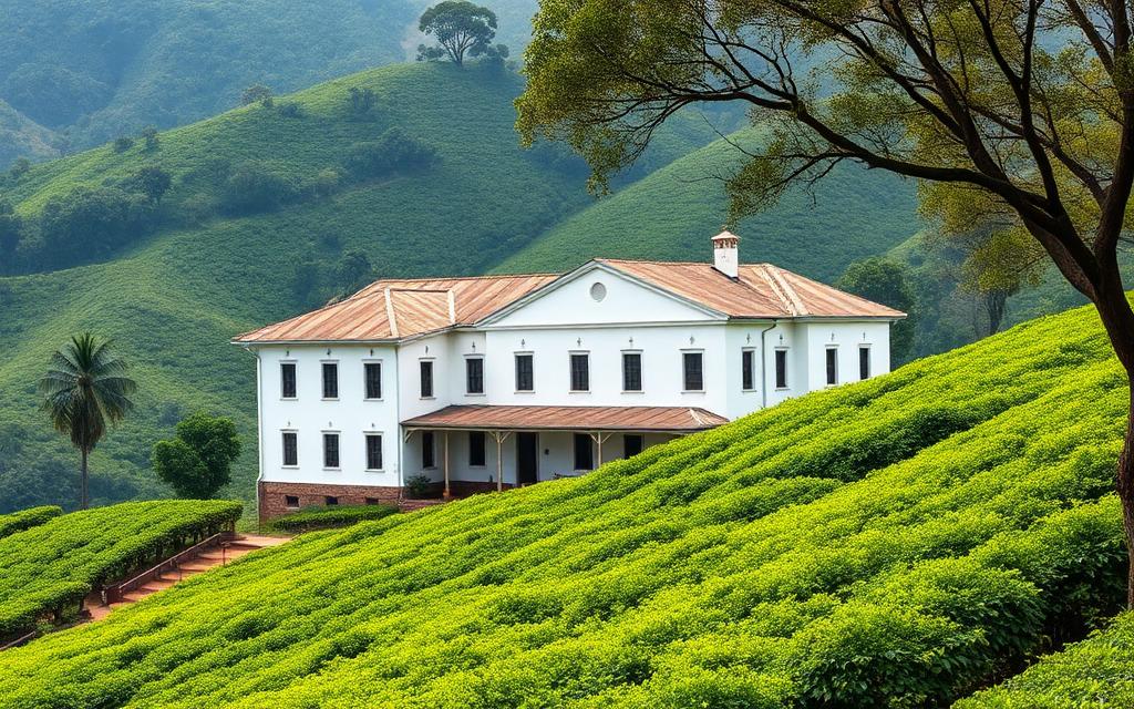 Dambatenne tea factory near Haputale Sri Lanka with old colonial-era white building among green tea hills in soft daylight