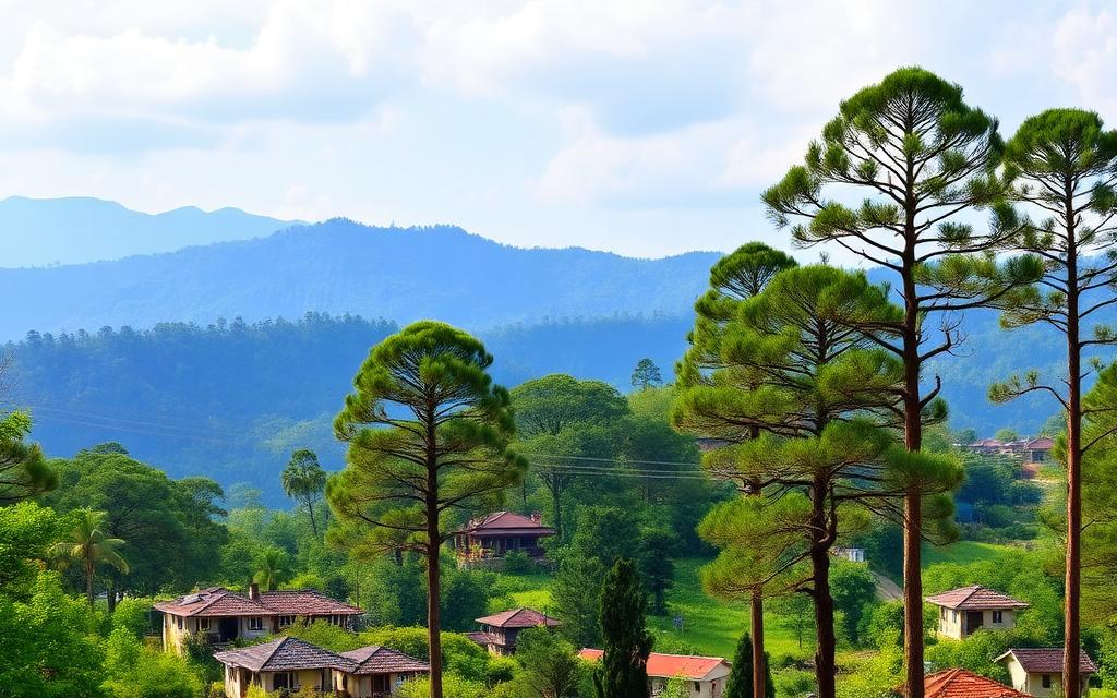 Diyatalawa Sri Lanka small cool hill country town with pine trees and mountain backdrop under soft light