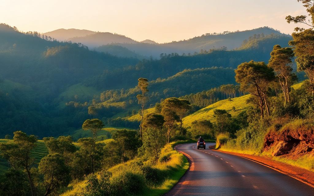 Scenic hill country road between Ella and Haputale Sri Lanka through tea estates and forested mountains in golden afternoon light