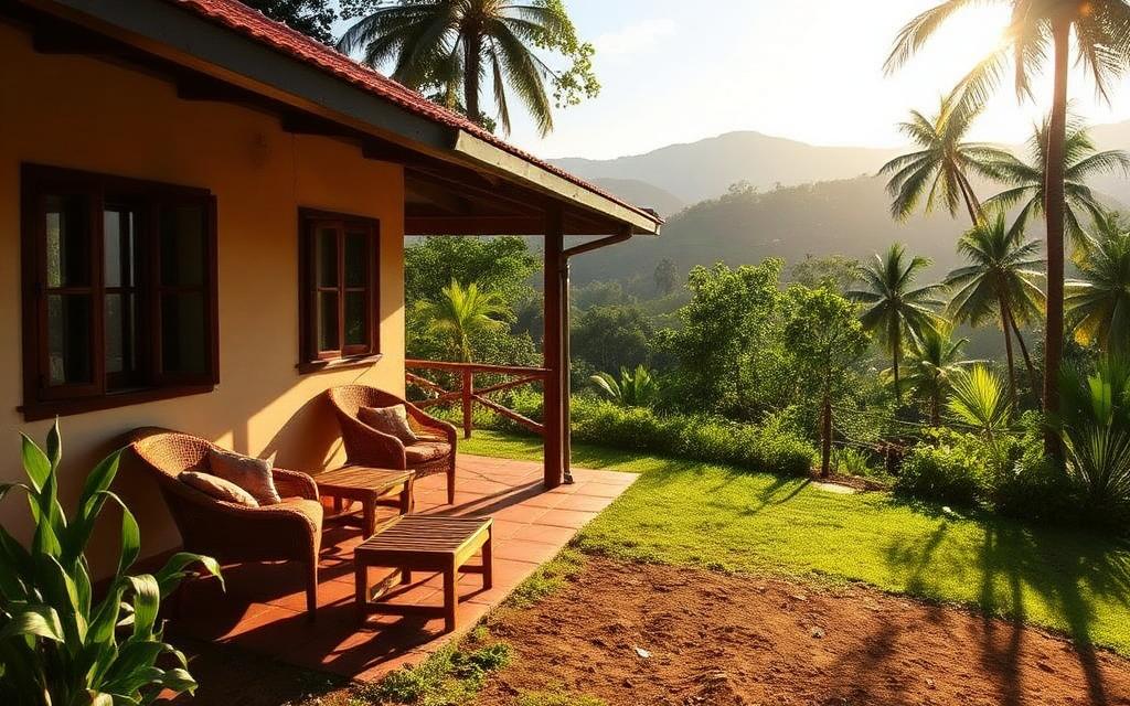 Family-run guesthouse near Haputale Sri Lanka with simple hill country home garden and mountain view in warm afternoon light