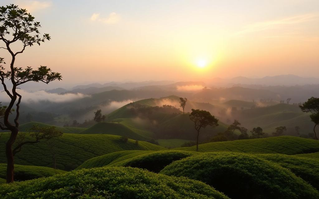 Liptons Seat tea estate viewpoint near Haputale Sri Lanka with rolling green tea hills and mist at sunrise