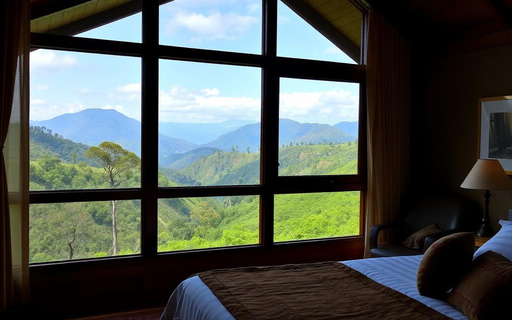 Holiday bungalow room reference in Haputale Sri Lanka with large window opening to sweeping valley views