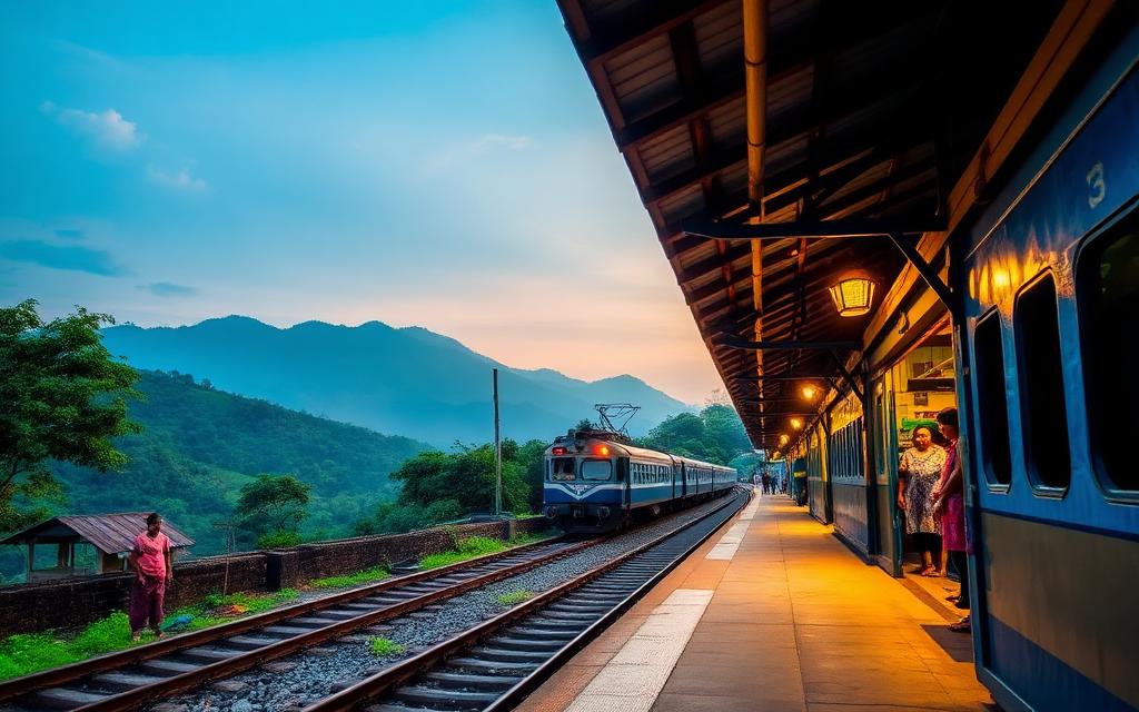 Haputale railway station Sri Lanka small hill-country train platform with mountains in background and warm light