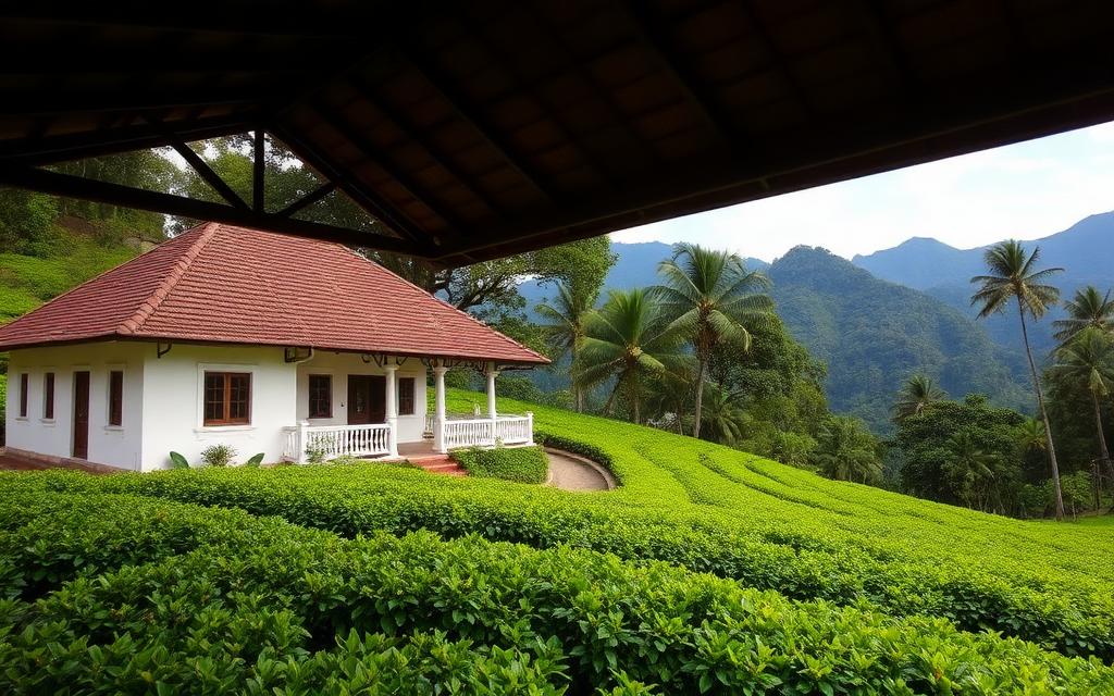 Tea estate bungalow near Haputale Sri Lanka with white colonial architecture surrounded by green tea fields and mountain backdrop