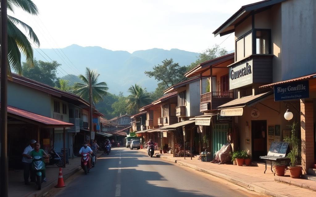 Small hill-country town street in Haputale Sri Lanka with shops and mountain backdrop in cool afternoon light