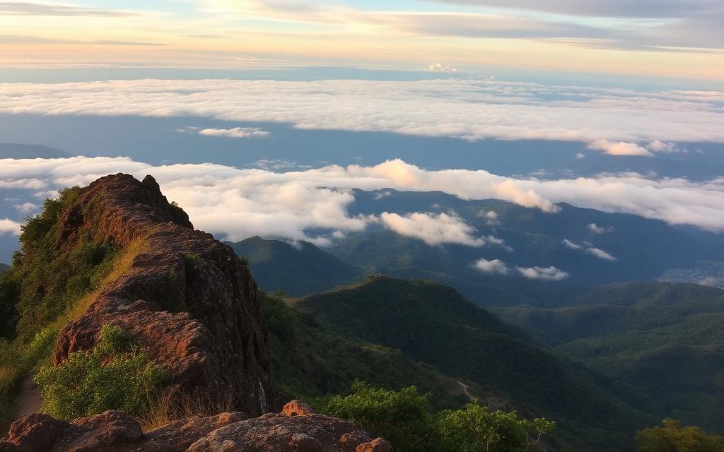 Dramatic Haputale view point ridge Sri Lanka with sweeping valley views and clouds drifting below at golden hour
