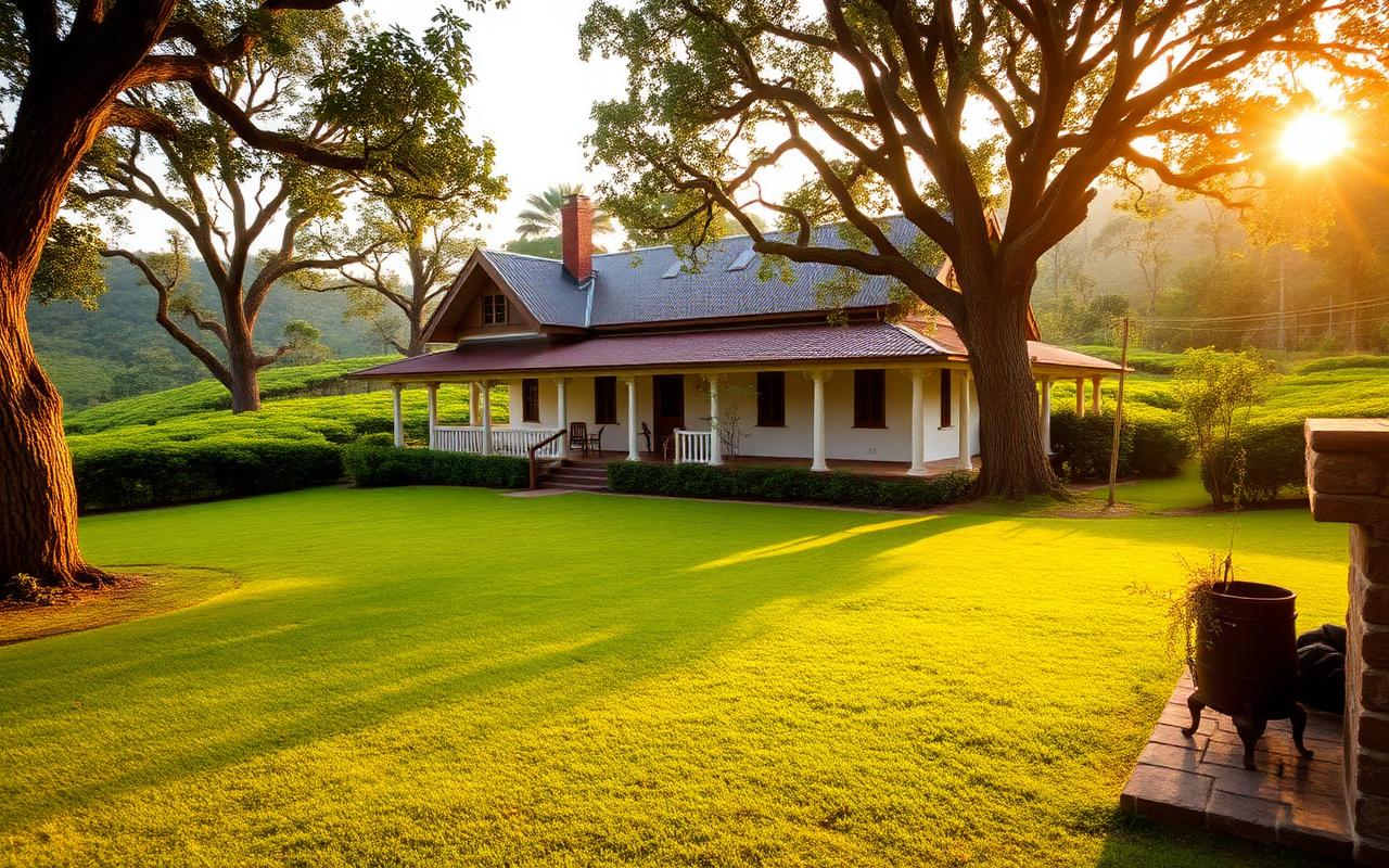 Tea estate bungalow stay near Hatton Sri Lanka with elegant colonial bungalow, lawn, tea plantations and soft afternoon light