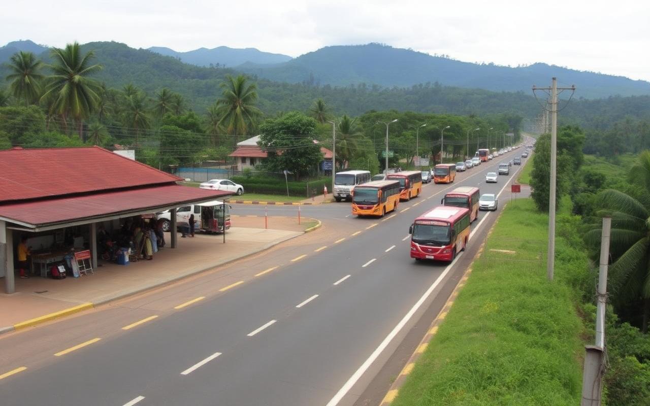 Hatton bus stand and main road Sri Lanka with local buses, hill country traffic and tea estate hills in background