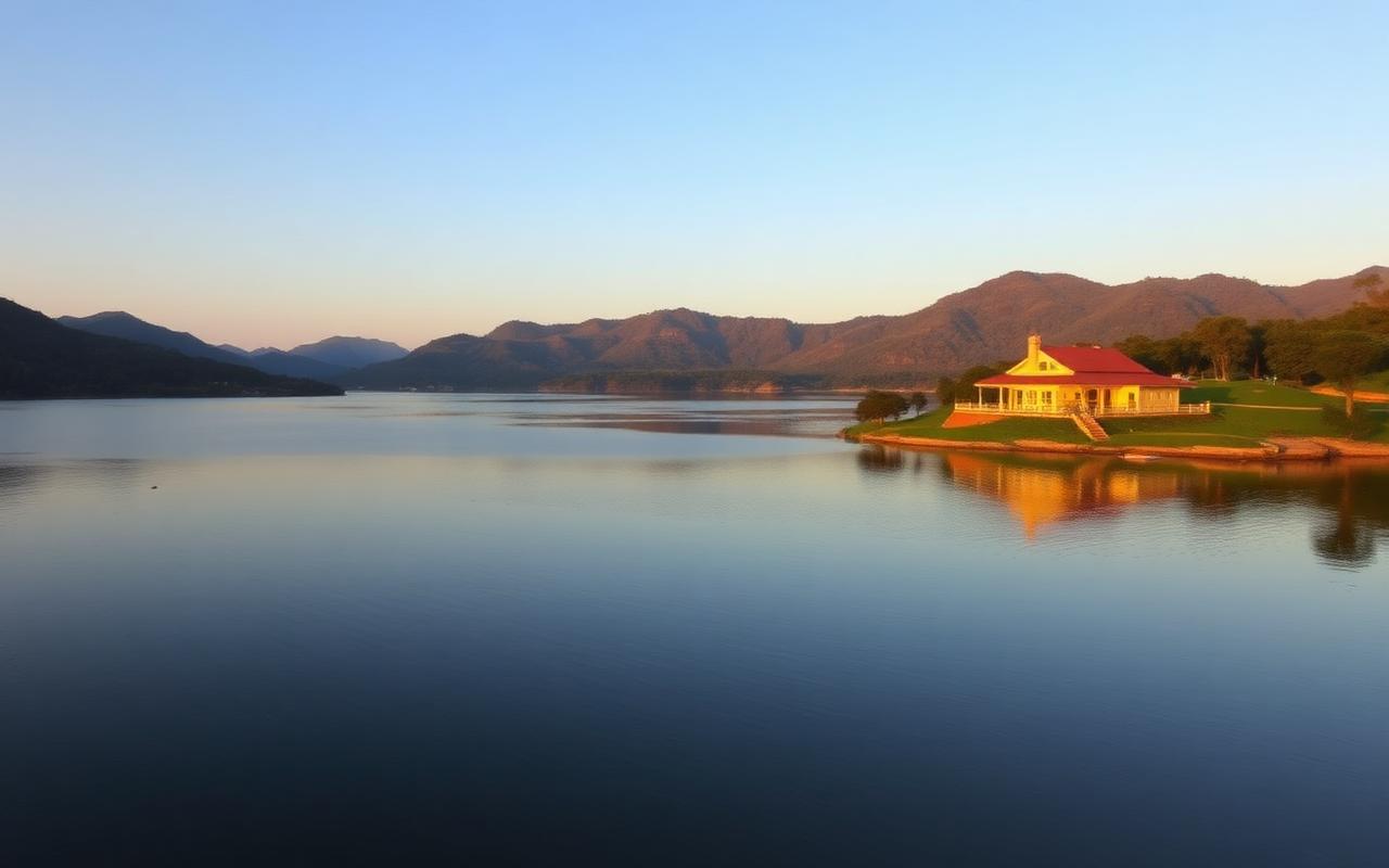 Castlereagh reservoir near Hatton Sri Lanka with calm blue lake, tea plantation hills and colonial style bungalow on shore at golden hour