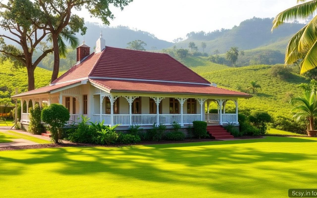 Premium plantation style stay reference near Hatton Sri Lanka with white colonial bungalow, lawn and tea hills
