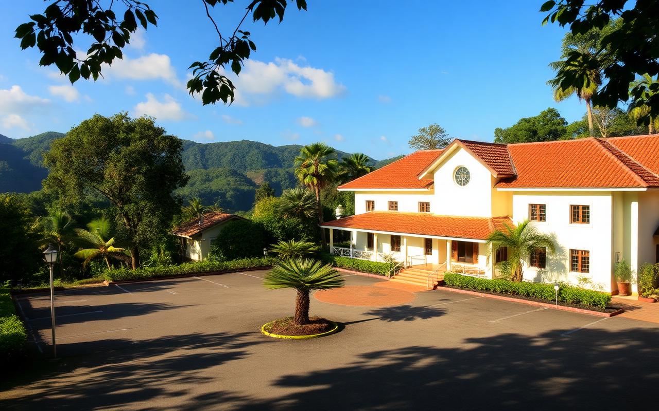 Farm style resort reference near Hatton Sri Lanka with tiled roof building, lawn and tea hills