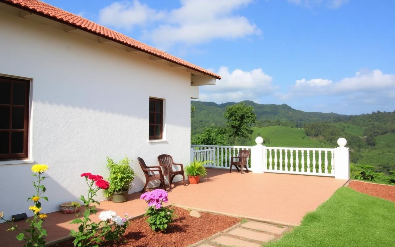 Family run guesthouse in Hatton Sri Lanka with simple white building, garden with flowers, veranda chairs and tea hills behind