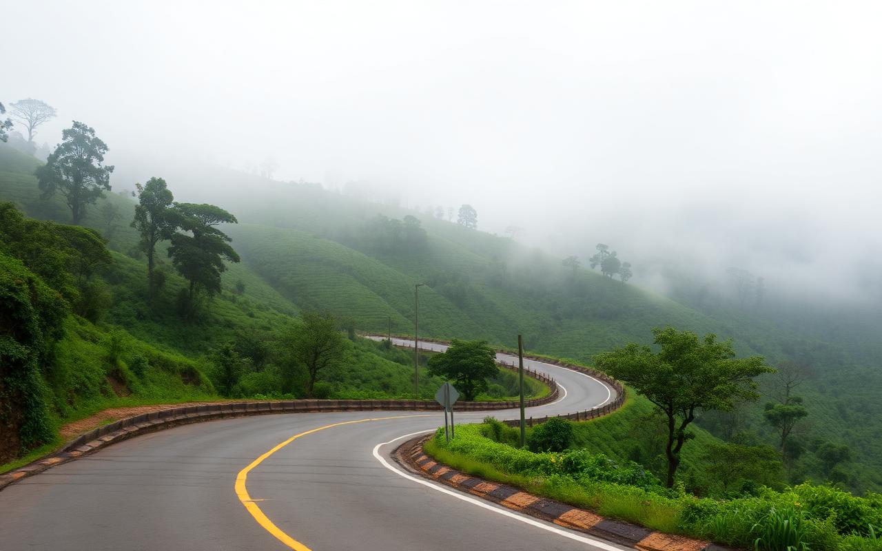 Mountain road from Kandy toward Hatton Sri Lanka with hairpin bends, tea estates on hillsides and morning mist