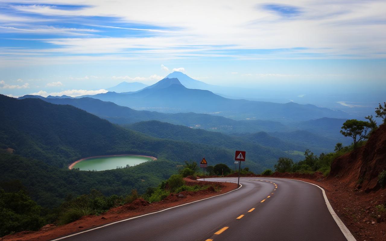 Maskeliya road toward Adam's Peak Sri Lanka with mountain road winding past Maussakelle reservoir, tea hills and distant peak