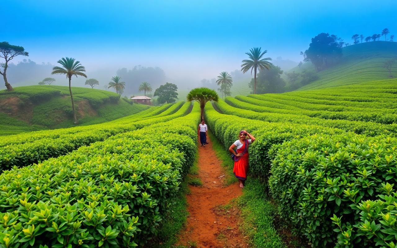 Norwood tea estate near Hatton Sri Lanka with rows of tea bushes, tea pluckers in colorful sarees and misty hills