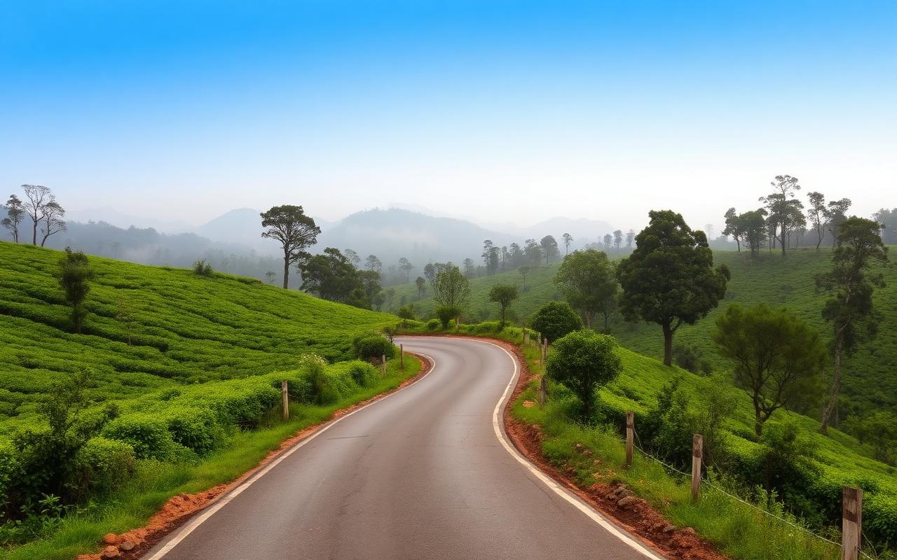 Hill country road from Hatton toward Nuwara Eliya Sri Lanka with winding road, tea plantations, trees and misty mountains