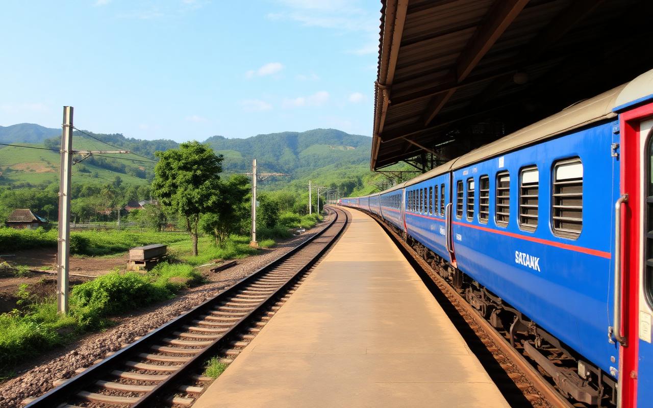 Hatton railway station Sri Lanka with blue train arriving on platform, hill country setting and tea hills behind