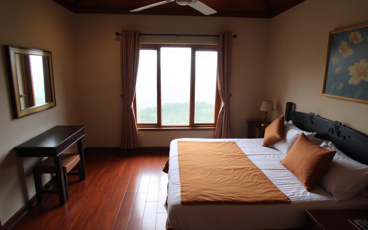 Cozy guest room in a Hatton Sri Lanka tea country hotel with wooden floors, double bed and window opening to misty tea hills