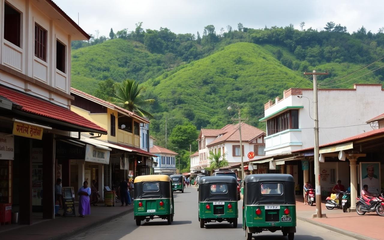 Hatton town centre Sri Lanka with small shops, tuk tuks, hill country buildings and tea covered hills behind